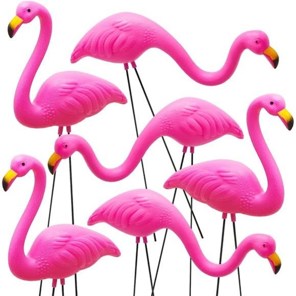 Set of 6Small Pink Flamingo Yard Ornament StakeMini Lawn Plastic Flamingo Statue - Picture 1 of 6